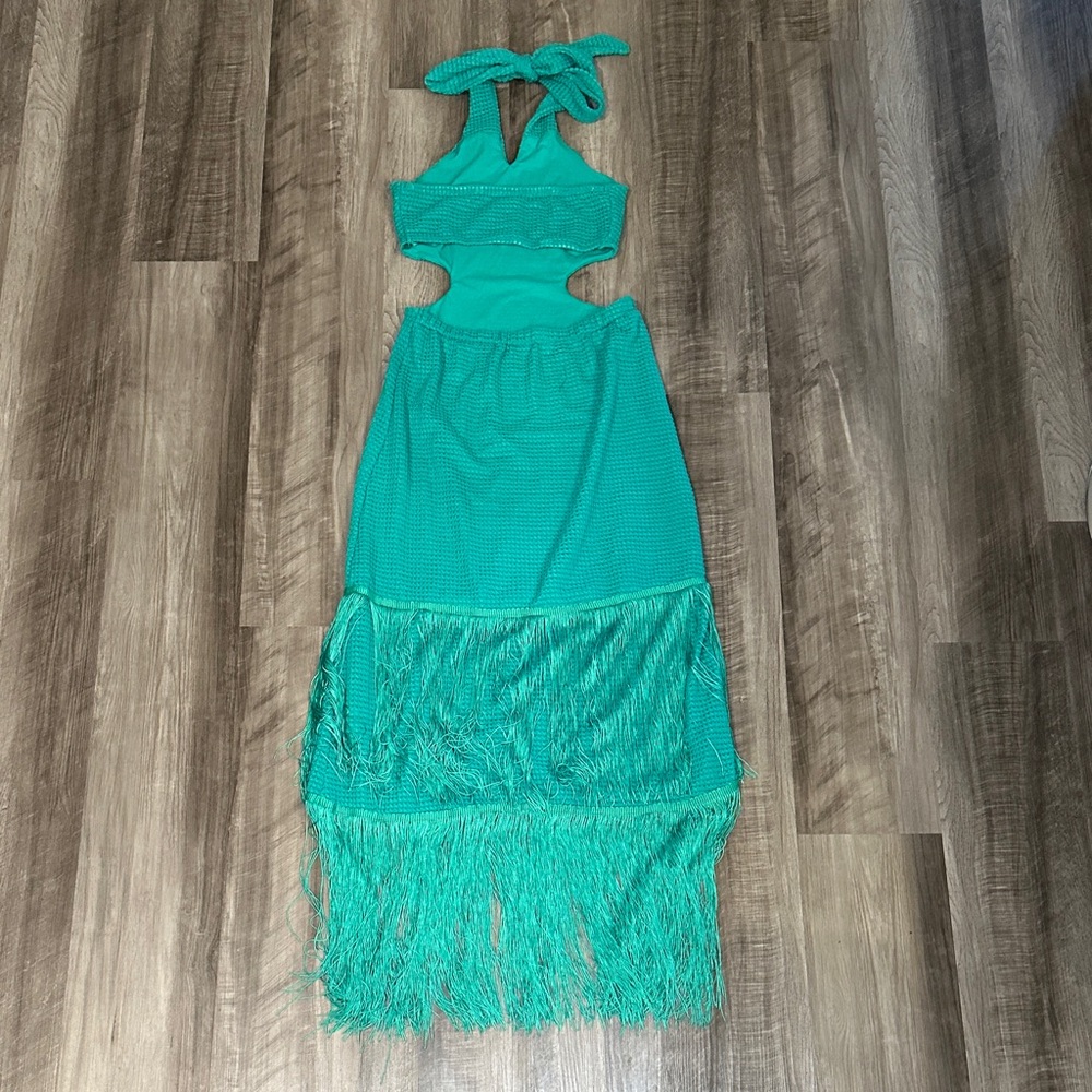 SHEIN Tie Backless Fringe Cut Out Fringe Trim Halter Dress - XS